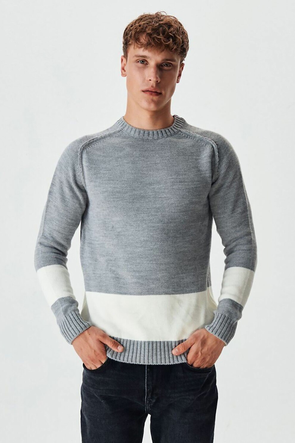 LTB, Pulover cu decolteu la baza gatului si maneci raglan, Gri melange/ Alb