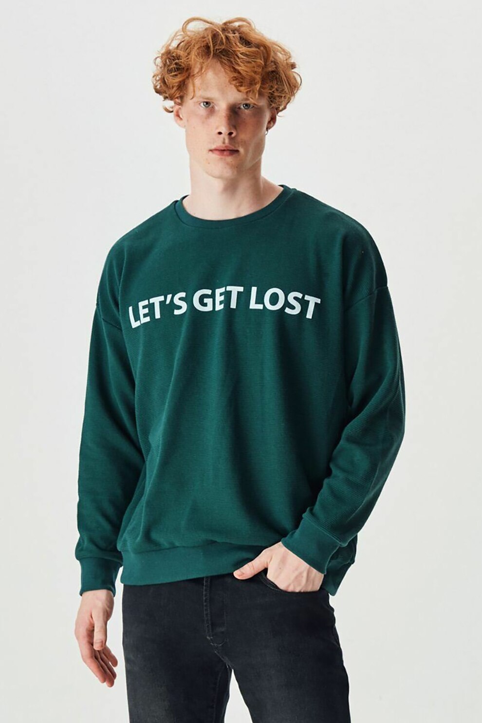 LTB, Bluza sport cu maneci cazute si imprimeu text, Verde englez