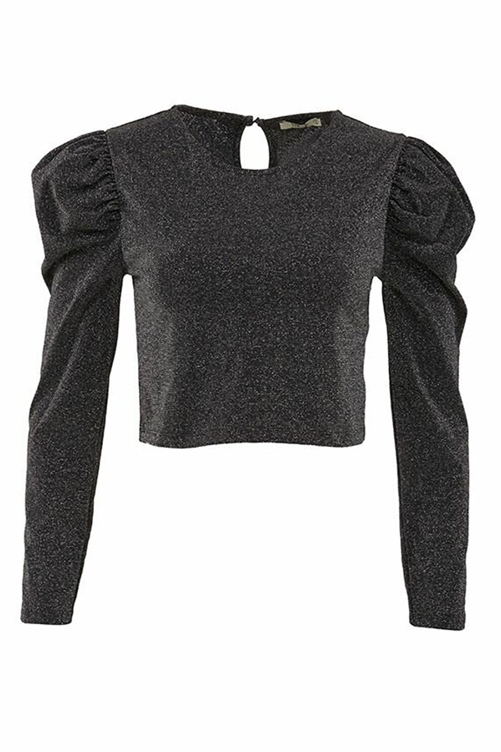 LTB, Bluza crop cu umeri bufanti, Gri antracit/Argintiu, L