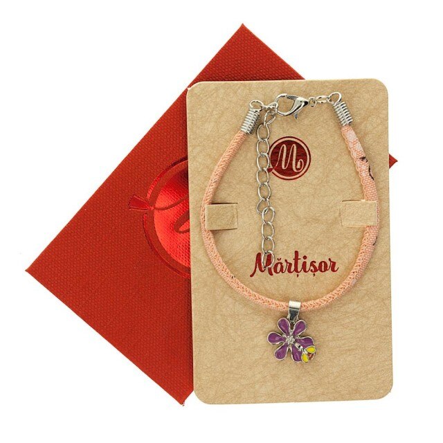 Bratara Roz cu Floare Mov si Albinuta