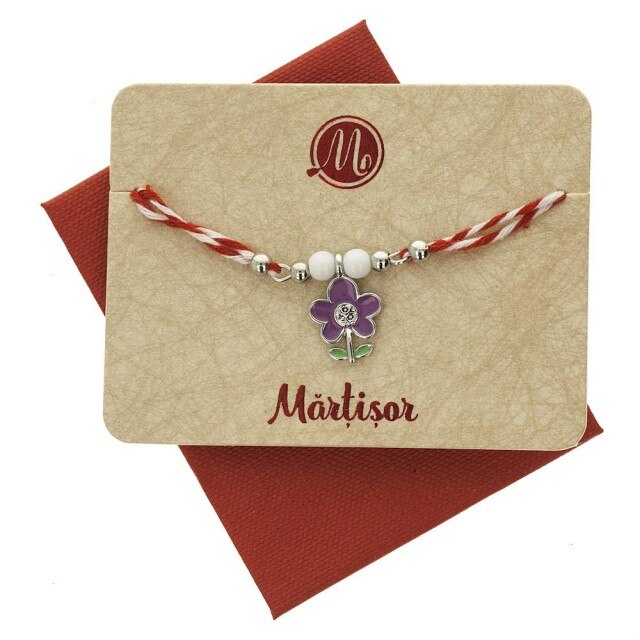 Bratara Argintie Dubla cu Floare Mov si Frunzulite