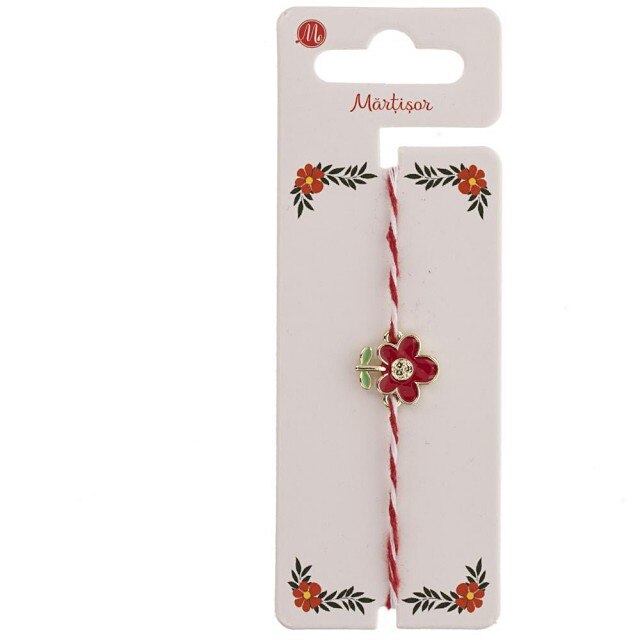 Bratara Aurie Martisor cu Floare Rosie si Frunzulite