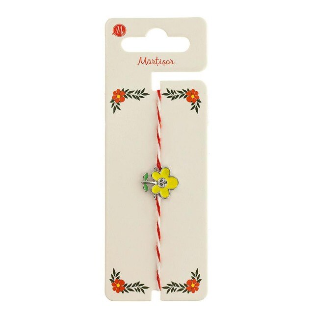 Bratara Argintie Martisor cu Floare Galbena si Frunzulite