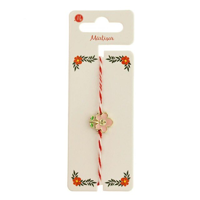 Bratara Aurie Martisor cu Floare Roz si Frunzulite