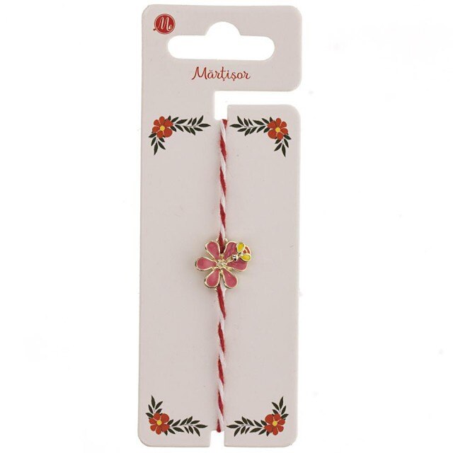 Bratara Aurie Martisor cu Floare Roz Inchis si Albinuta