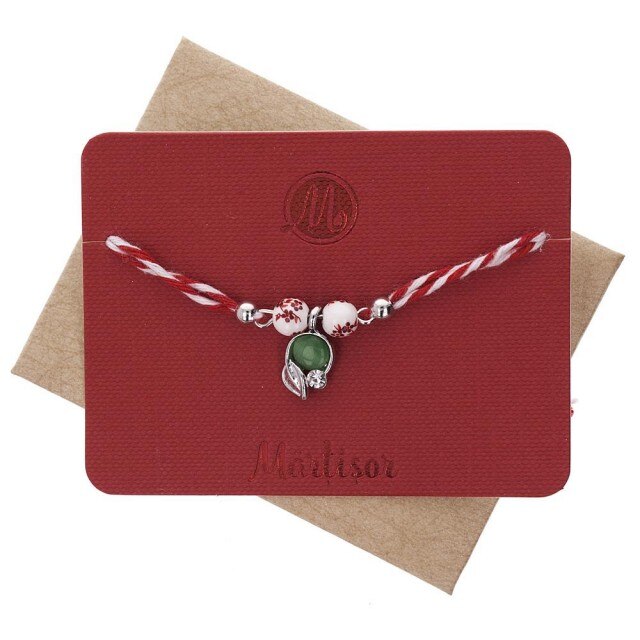 Bratara Martisor Ceramic Frunza cu Piatra Verde