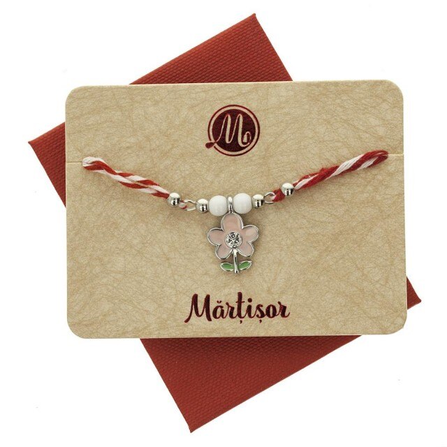 Bratara Argintie Dubla cu Floare Roz si Frunzulite