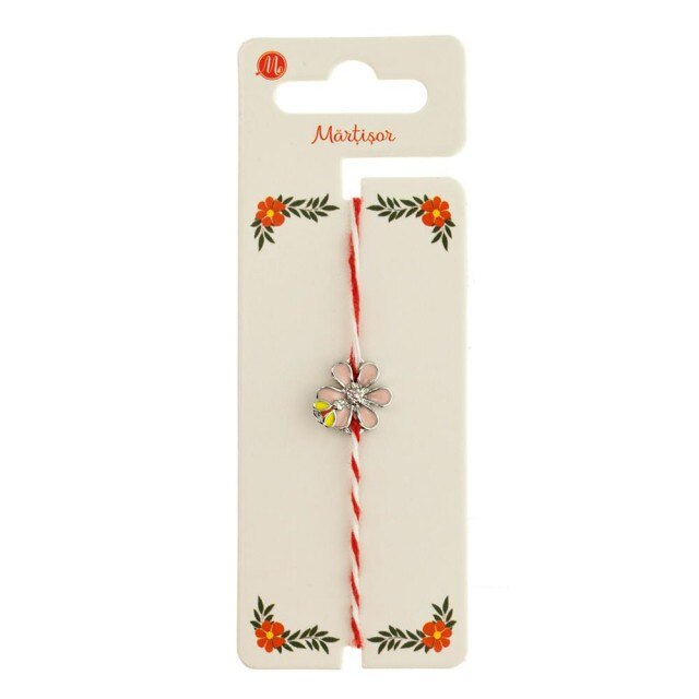 Bratara Argintie Martisor cu Floare Roz si Albinuta
