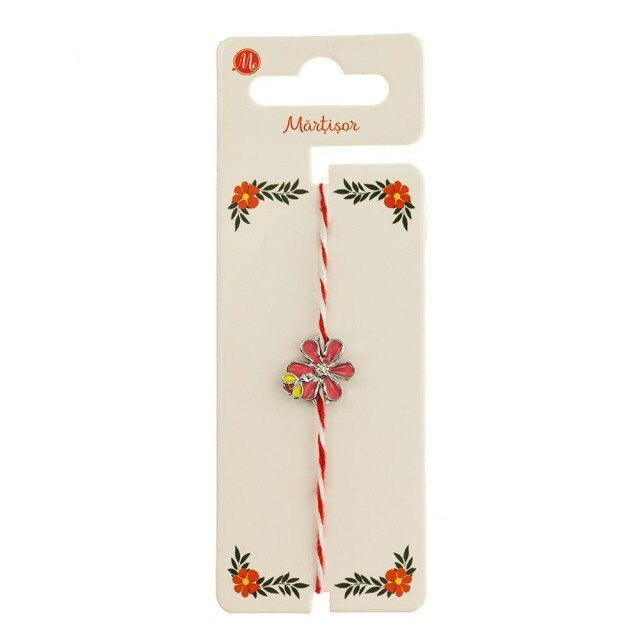 Bratara Argintie Martisor cu Floare Roz Inchis si Albinuta