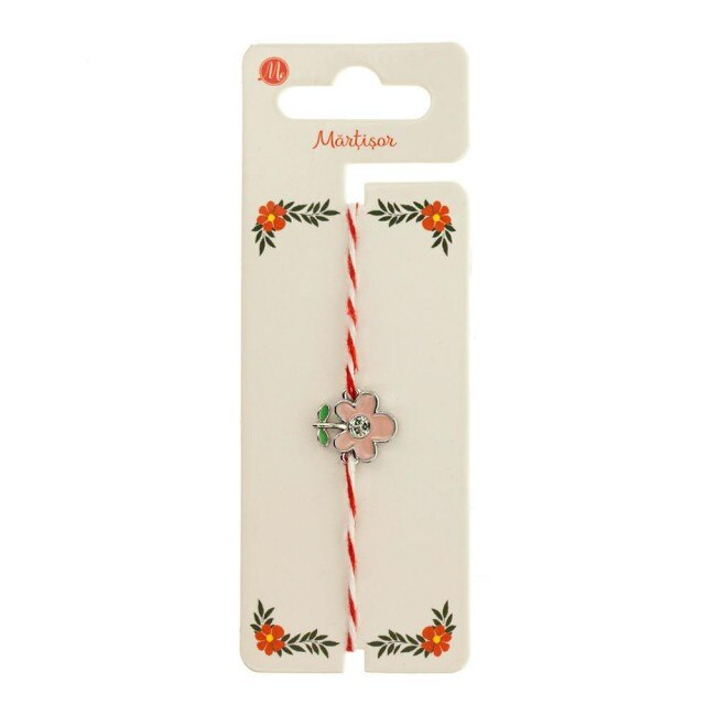 Bratara Argintie Martisor cu Floare Roz si Frunzulite