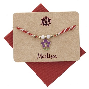 Bratara Aurie Dubla cu Floare Mov si Frunzulite Bratara Aurie Dubla cu Floare Mov si Frunzulite