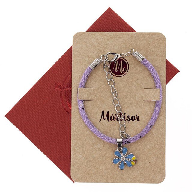Bratara Mov cu Floare Albastra si Albinuta