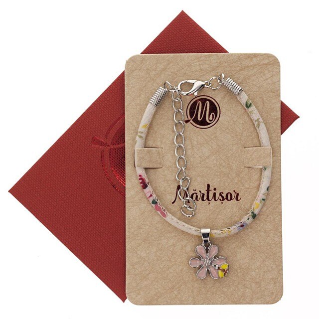 Bratara Alba cu Floare Roz si Albinuta