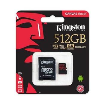 Card de Memorie Micro SD 512 GB, Compatibil Telefon, Tableta, Camera Foto si Video, Console Jocuri, Model Premium, Kingston Card de Memorie Micro SD 512 GB, Compatibil Telefon, Tableta, Camera Foto si Video, Console Jocuri, Model Premium, Kingston