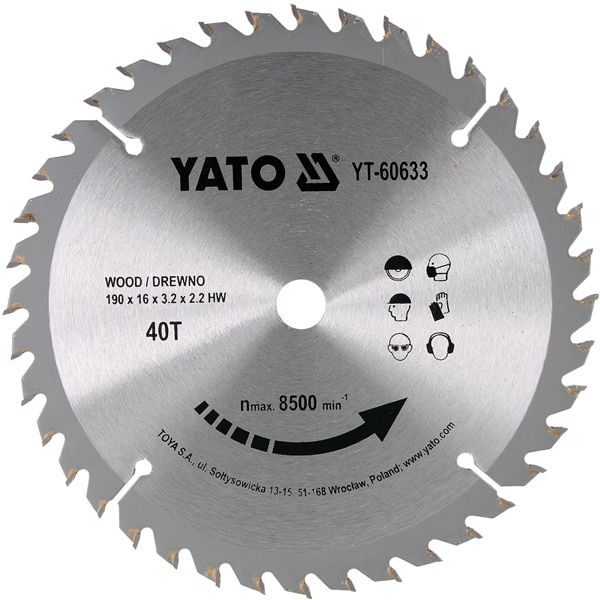 Disc cu Vidia pentru Lemn Diametru 190mm, Interior 16mm, 40 Dinti, YATO