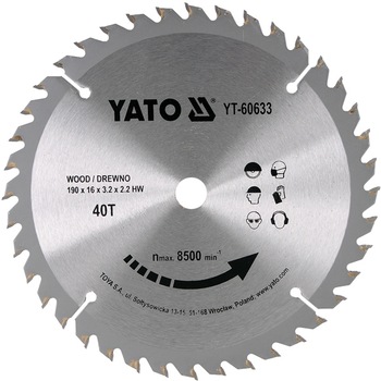 Disc cu Vidia pentru Lemn Diametru 190mm, Interior 16mm, 40 Dinti, YATO Disc cu Vidia pentru Lemn Diametru 190mm, Interior 16mm, 40 Dinti, YATO