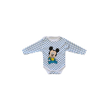 Body maneca lunga, Mickey Mouse alb cu buline albastre Body maneca lunga, Mickey Mouse alb cu buline albastre