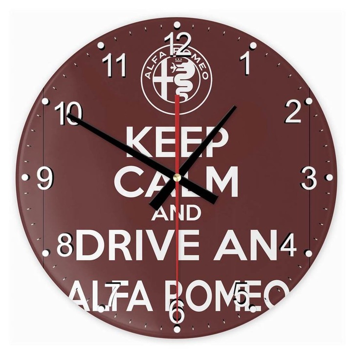 Ceas circular din sticla Keep calm and drive Alfa Romeo, multicolor, 20 cm