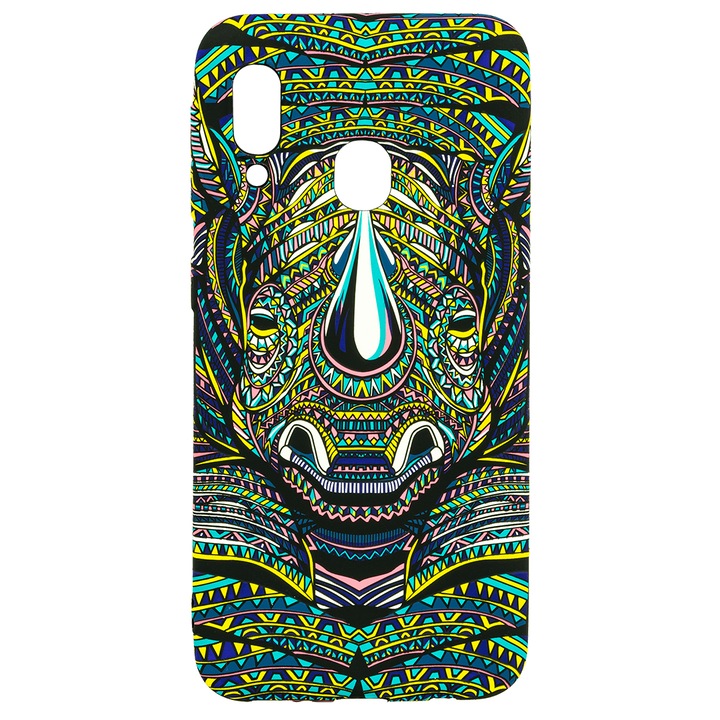 Husa de telefon, LUXO, compatibil cu Samsung Galaxy A20e, model Tribal Rhino cu efect fosforescent, TPU, multicolor