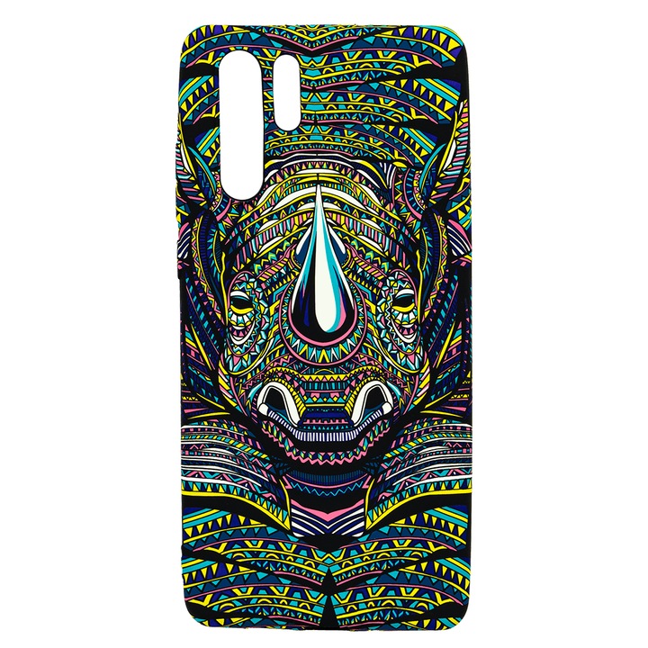 Husa de telefon, LUXO, compatibil cu Huawei P30 Pro, model Tribal Rhino cu efect fosforescent, TPU, multicolor