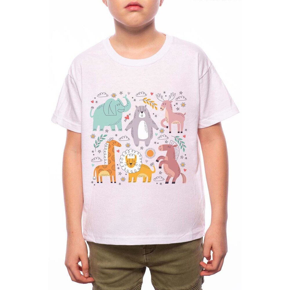 Tricou Baiat, Handdrawn Animals, 100% Bumbac, B128, Alb