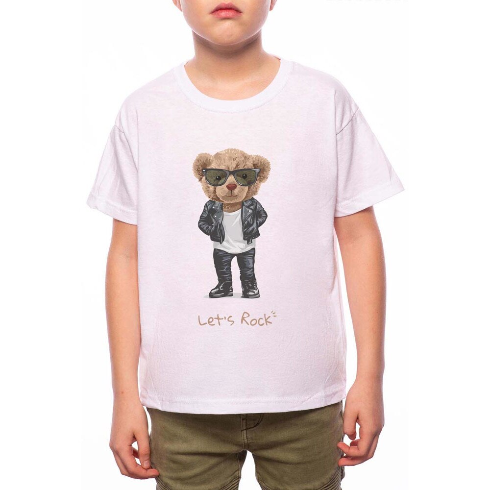 Tricou Baiat, Lets Rock Cartoon Bear, 100% Bumbac, G143, Alb