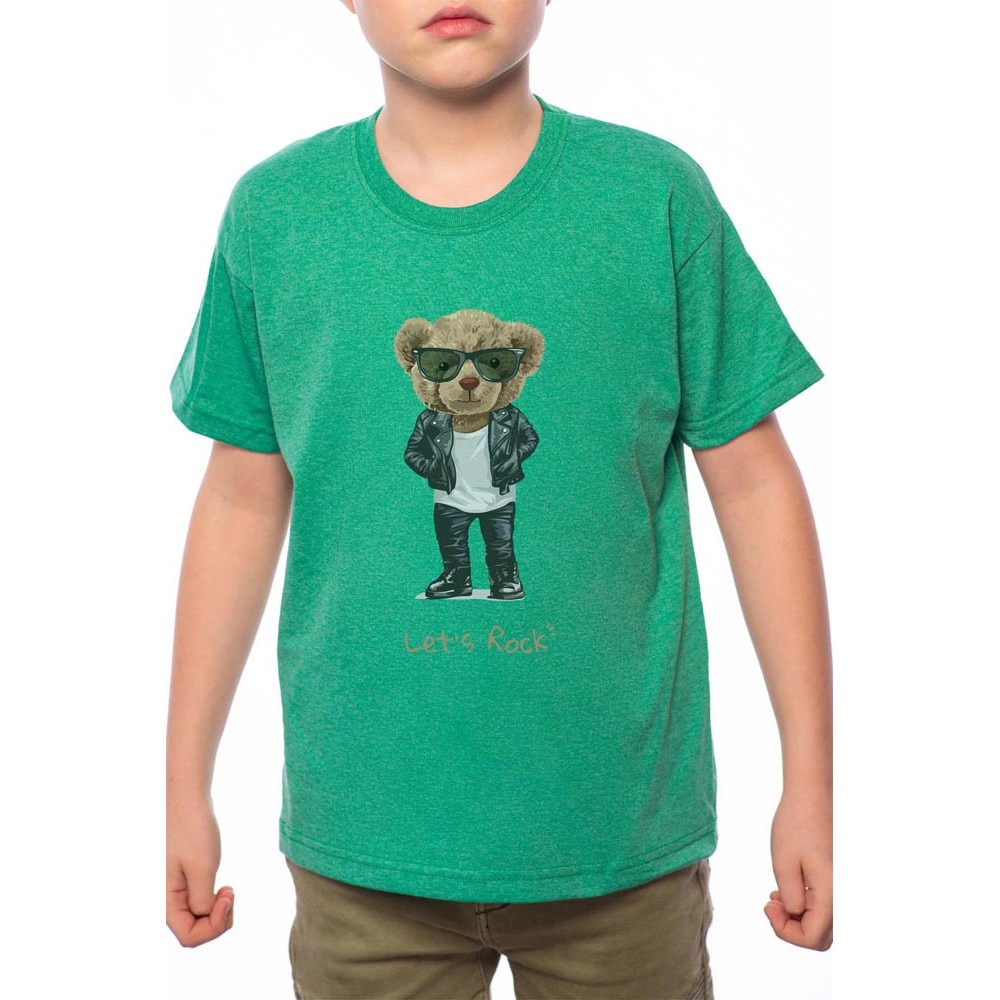 Tricou Baiat, Lets Rock Cartoon Bear, 100% Bumbac, G143, Verde