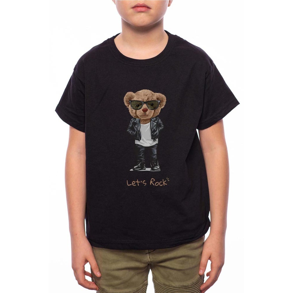 Tricou Baiat, Lets Rock Cartoon Bear, 100% Bumbac, G143, Negru