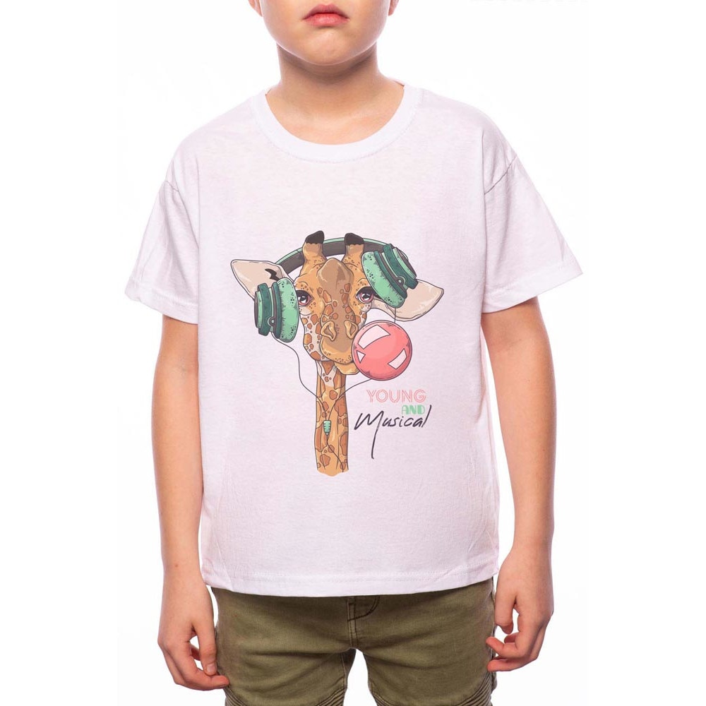 Tricou Baiat, Young And Musical Giraffe, 100% Bumbac, A147, Alb