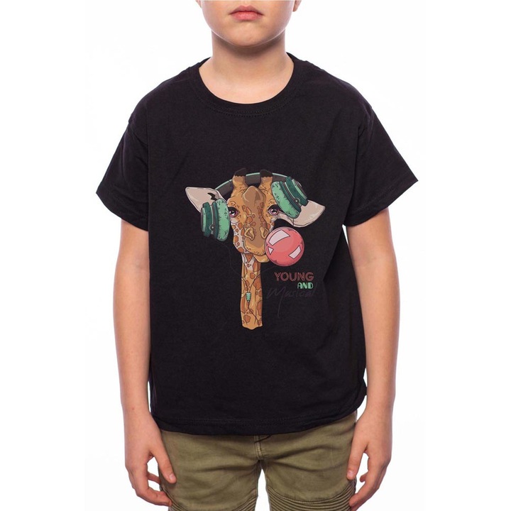 Young And Musical Giraffe, Pamut kerek nyakú póló fiúnak, A147, Fekete