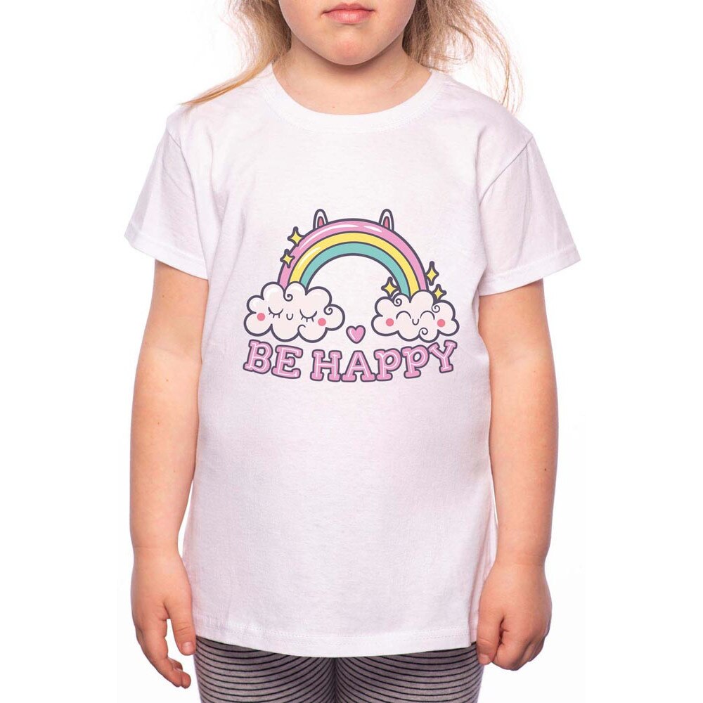 Tricou Fetita, Be Happy, Rainbow, 100% Bumbac, W116, Alb