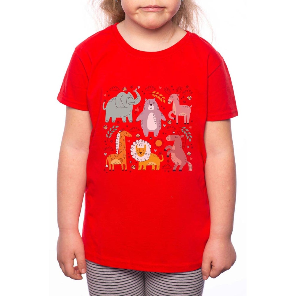 Tricou Fetita, Handdraw Animals, 100% Bumbac, R128, Rosu