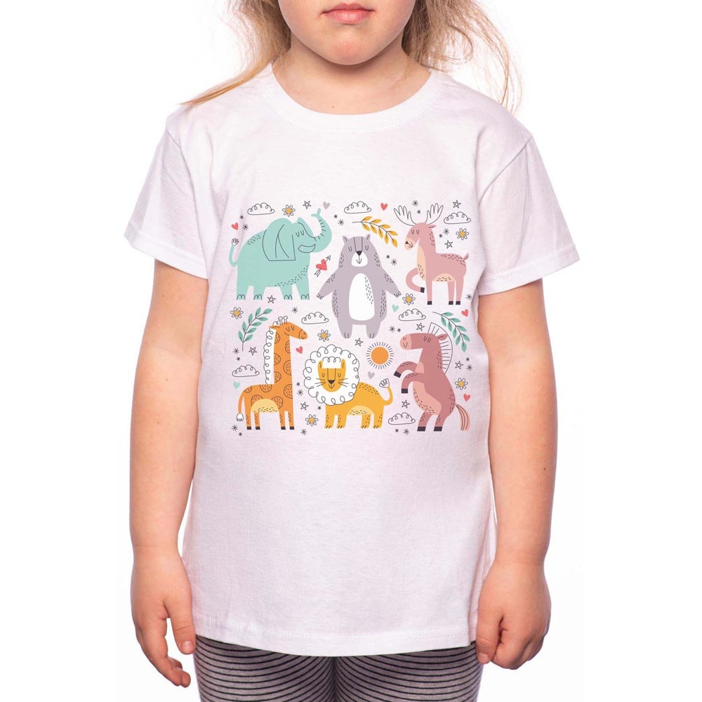 Tricou Fetita, Handdraw Animals, 100% Bumbac, R128, Alb