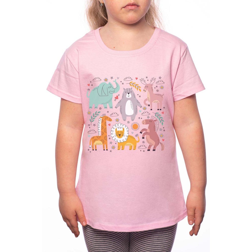 Tricou Fetita, Handdraw Animals, 100% Bumbac, R128, Roz