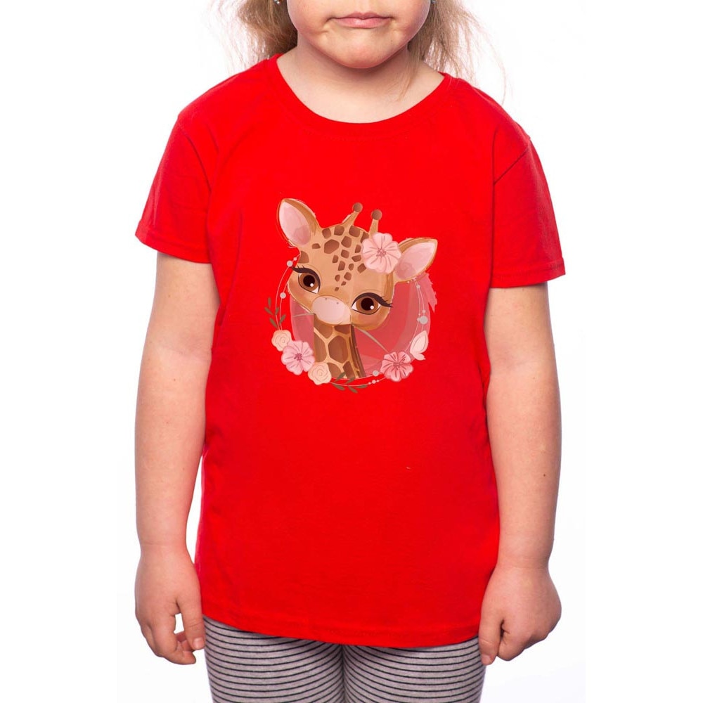 Tricou Fetita, Painted Girl Giraffe, 100% Bumbac, P133, Rosu