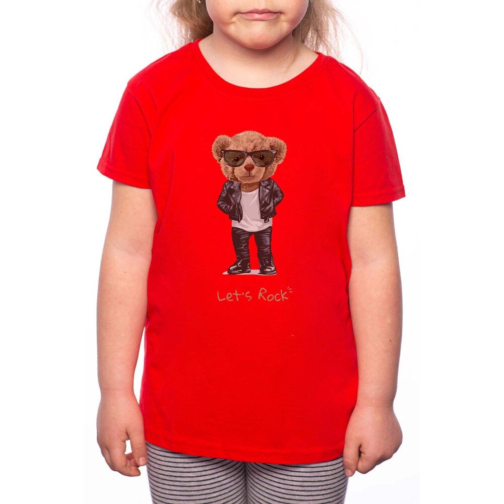 Tricou Fetita, Lets Rock Cartoon Bear, 100% Bumbac, P143, Rosu