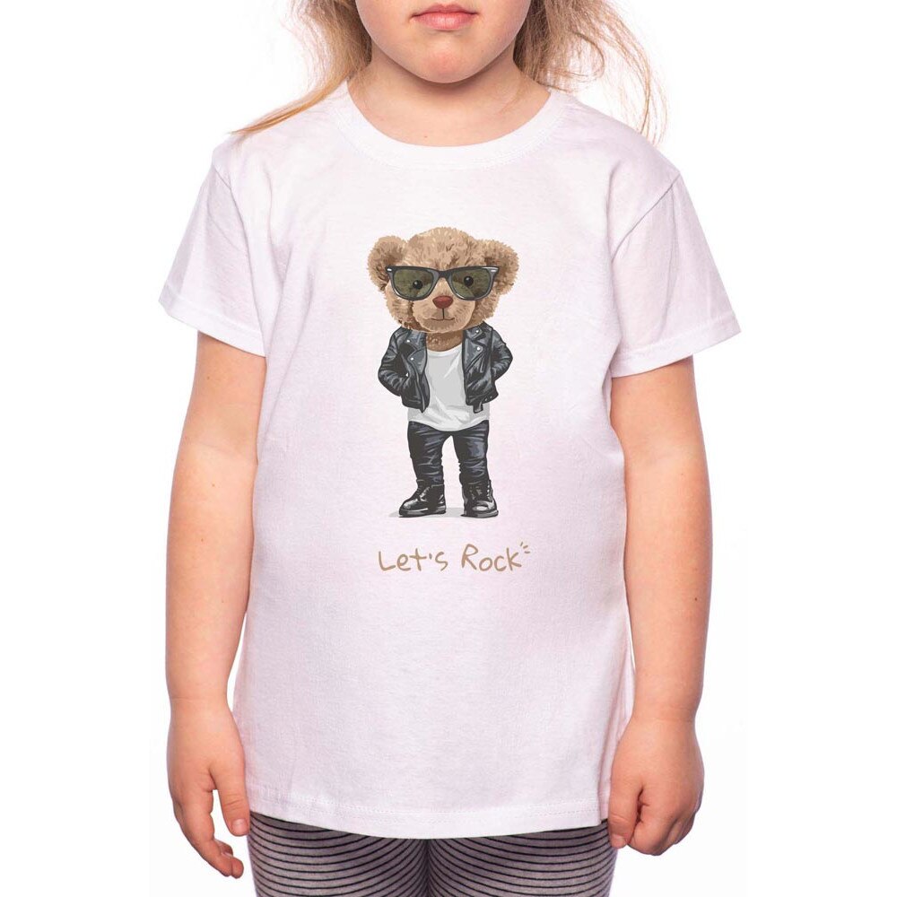 Tricou Fetita, Lets Rock Cartoon Bear, 100% Bumbac, P143, Alb
