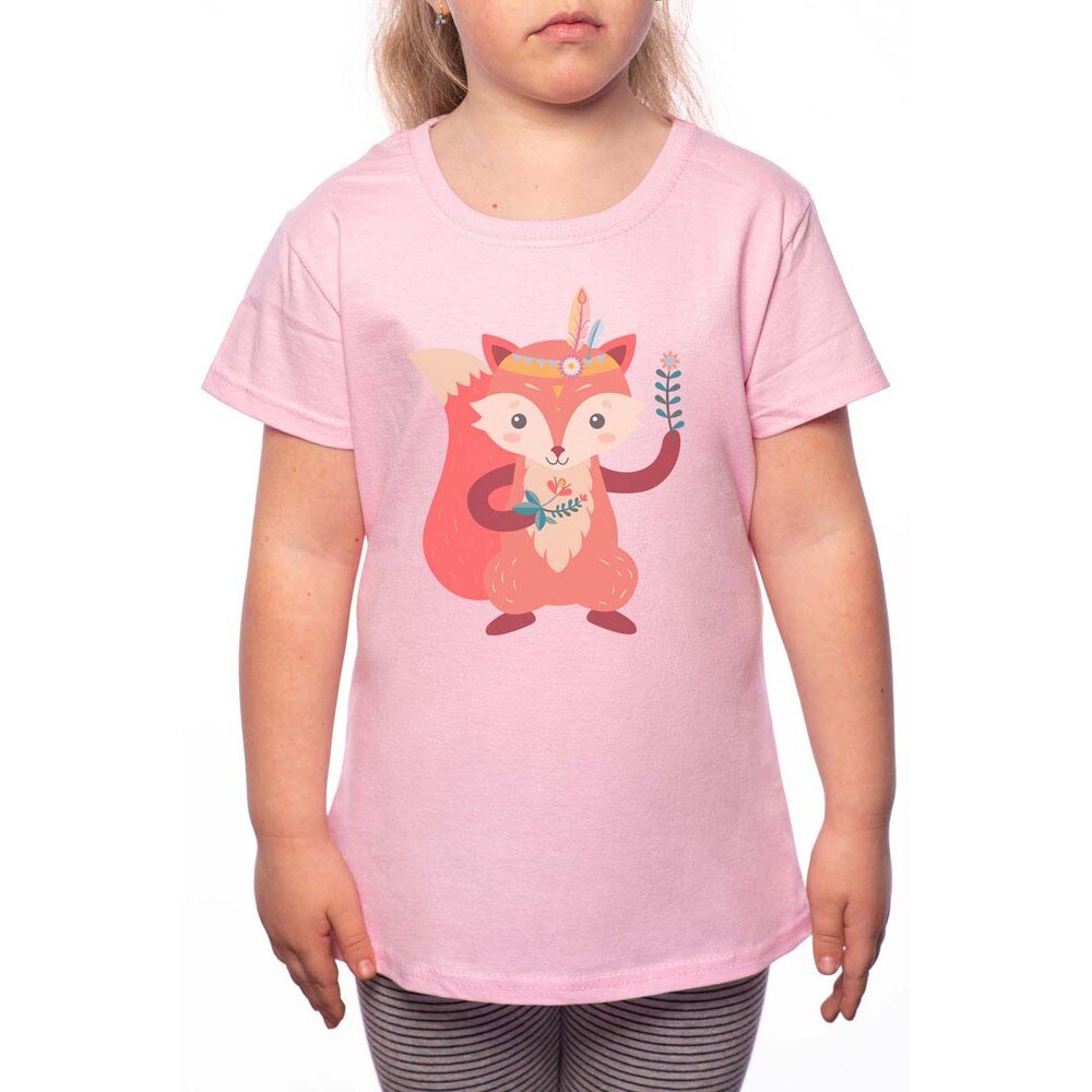 Tricou Fetita, Fox With Flower, 100% Bumbac, P157, Roz