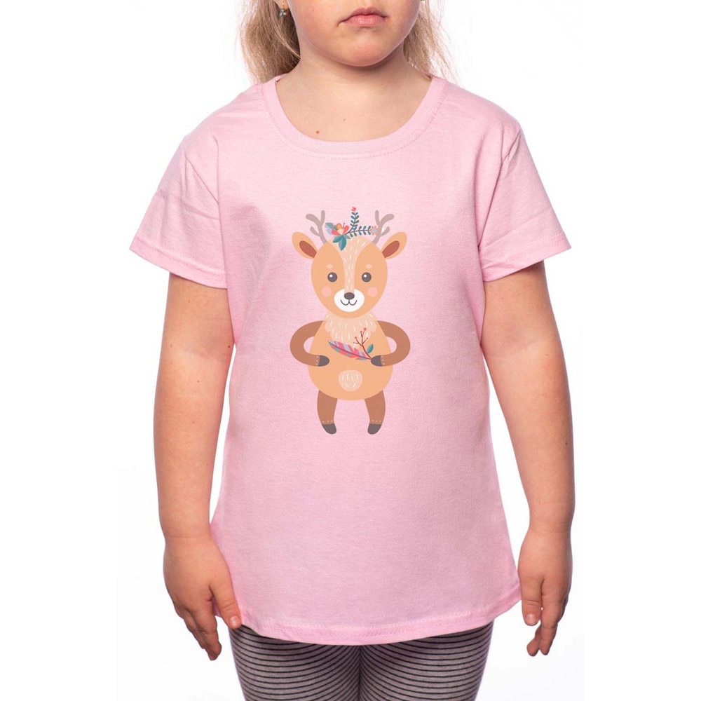 Tricou Fetita, Deer With Flower, 100% Bumbac, P160, Roz