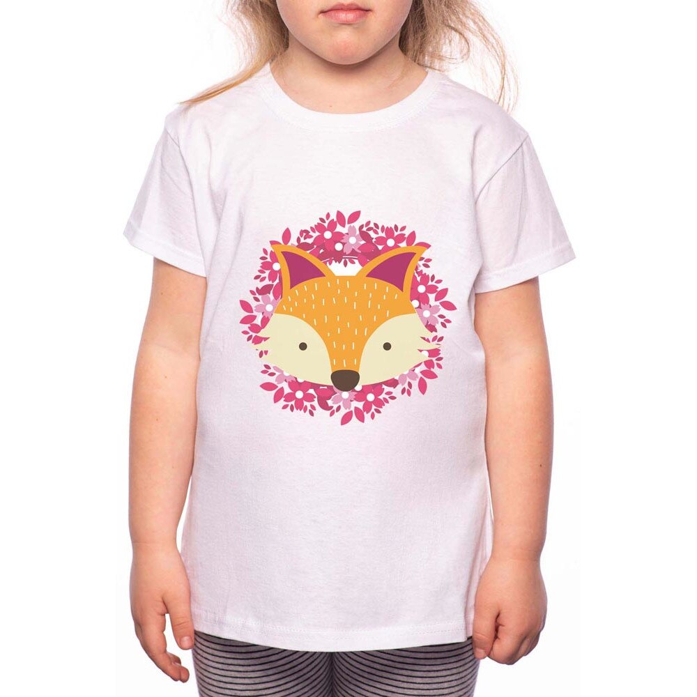 Tricou Fetita, Fox In Floral Circle, 100% Bumbac, P164, Alb