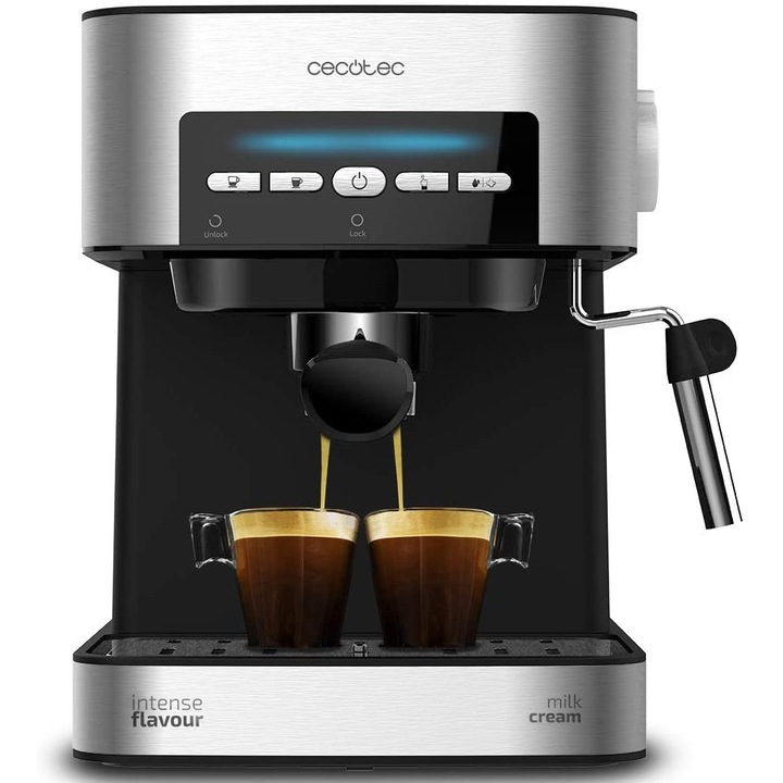 Еспресо машина Cecotec Power Espresso 20 Matic, Ръчна, 850W, 20 bar, Резервоар за вода 1.5 л, Черен/Сребрист