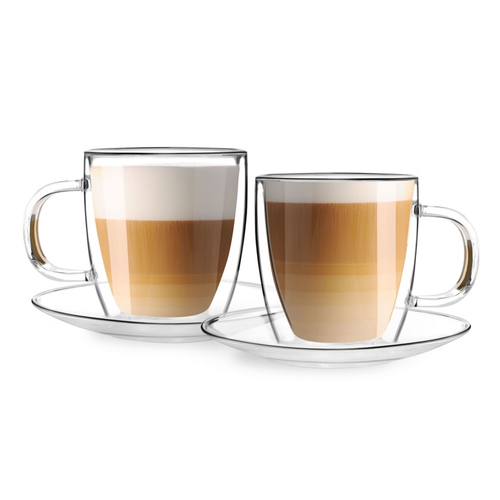 Set 2 buc Cani cu Farfurii pentru Cafea Vialli Design Amo, Sticla, 250 ml