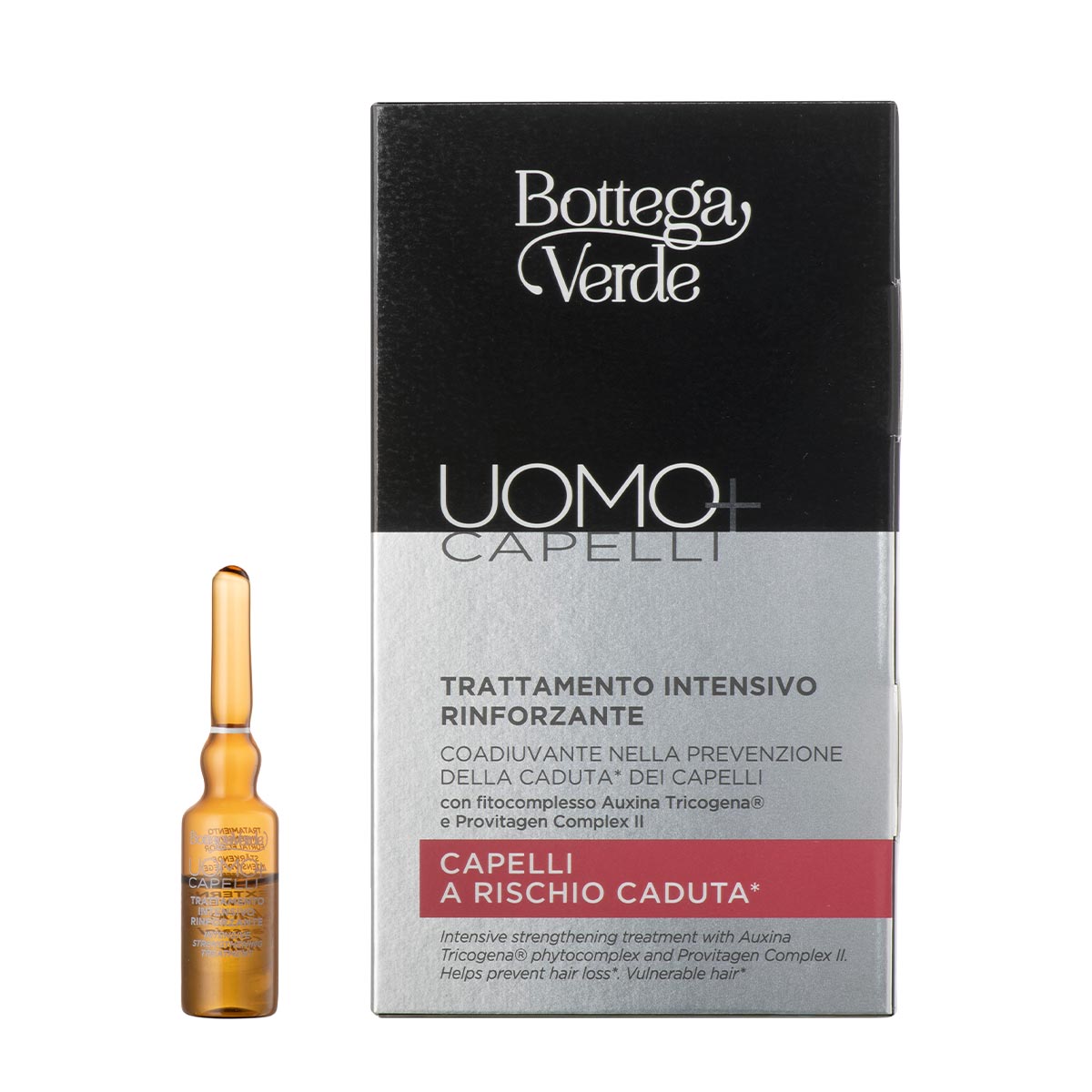 Tratament intariror intensiv pentru prevenirea caderii parului- cu fitocomplex Auxina Tricogena ® si Complex Provitagen II - Uomo+, 14 fiole, Bottega Verde