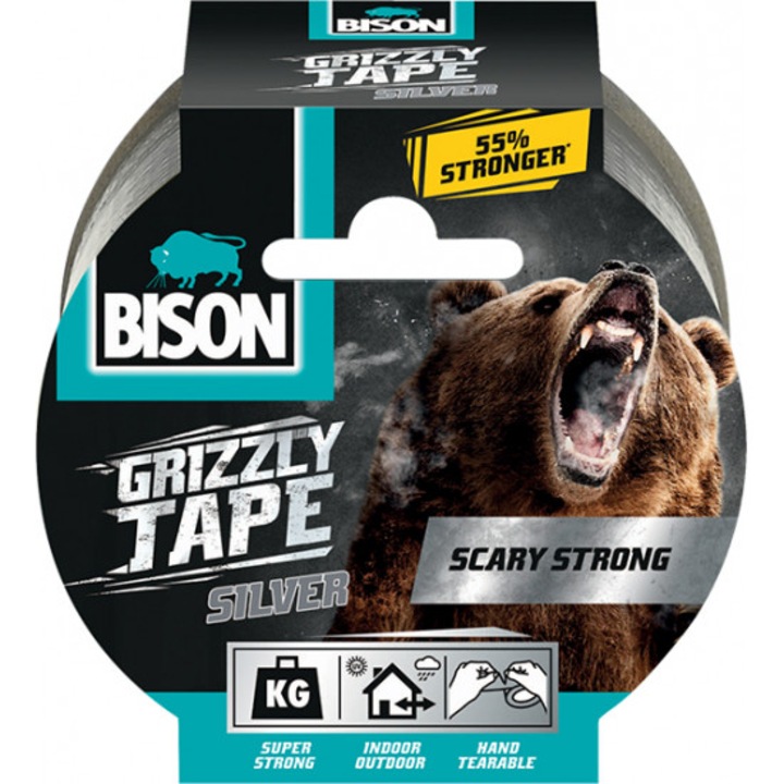 Залепваща лента Bison Grizzly, 10м, сиво