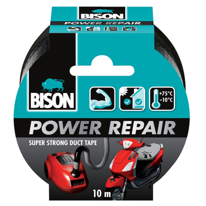 Залепваща лента Bison Power Repair, подсилена с плат, 10 м, черна