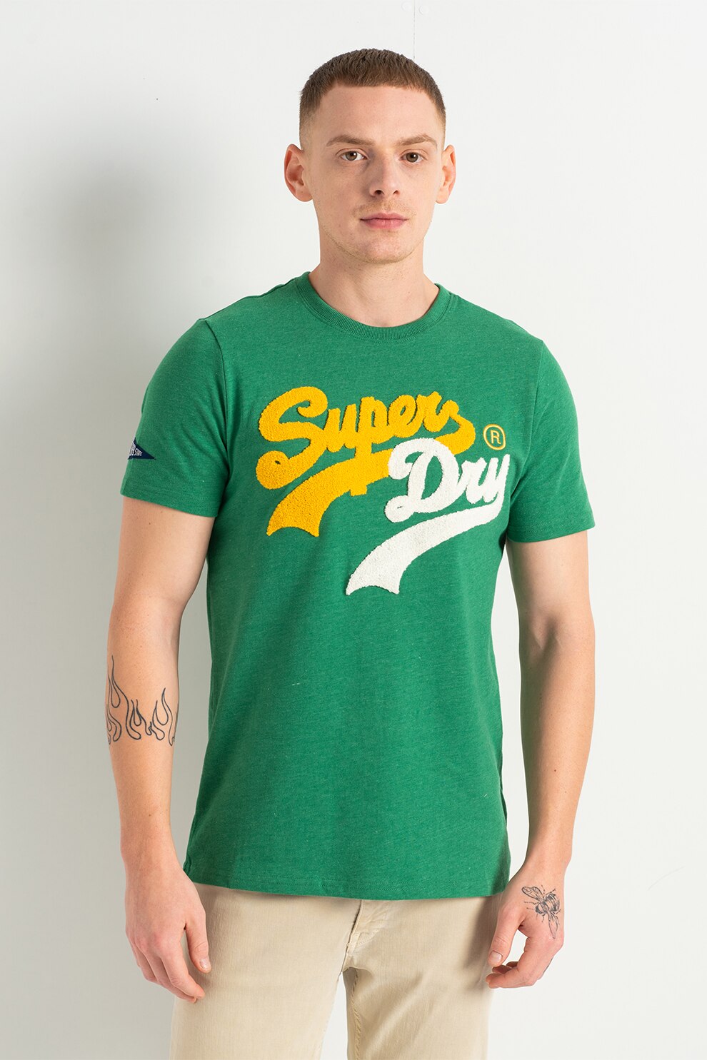 SUPERDRY, Tricou relaxed fit cu logo Vintage Source, Verde/alb optic/galben pai