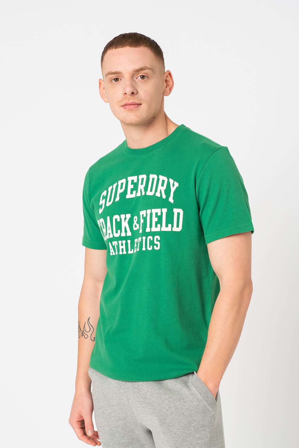 SUPERDRY, Tricou slim fit cu imprimeu Track&Field, Verde/Alb prafuit