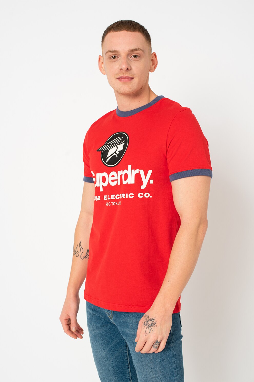 SUPERDRY, Tricou relaxed fit cu logo Core Ringer, Rosu vermilion/alb optic/bleumarin inchis