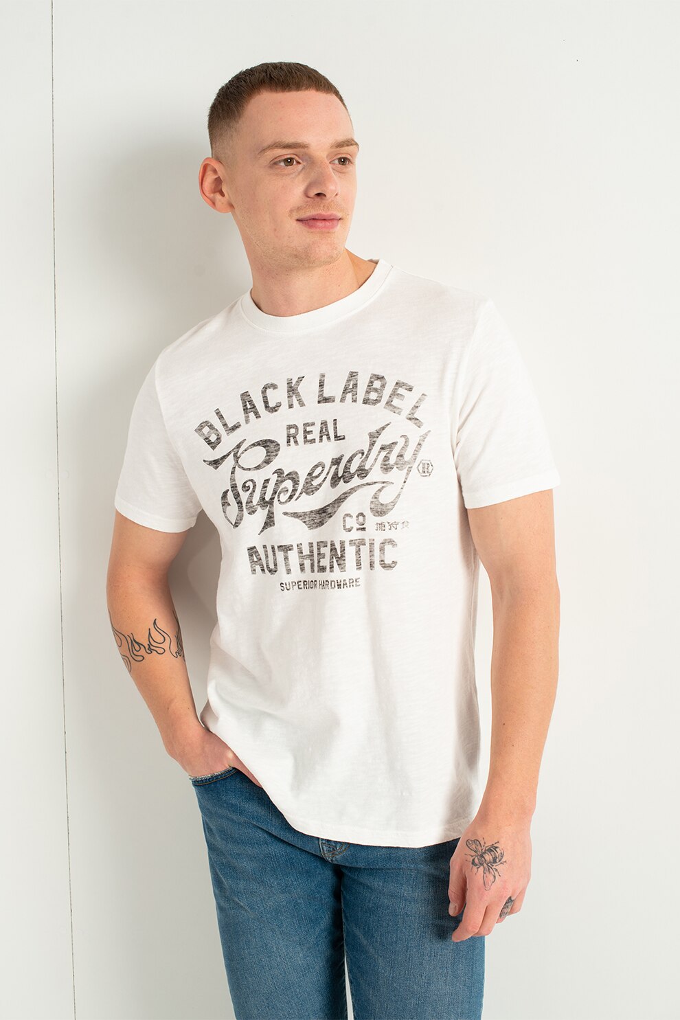 SUPERDRY, Tricou relaxed fit Black Out, Alb optic/Negru