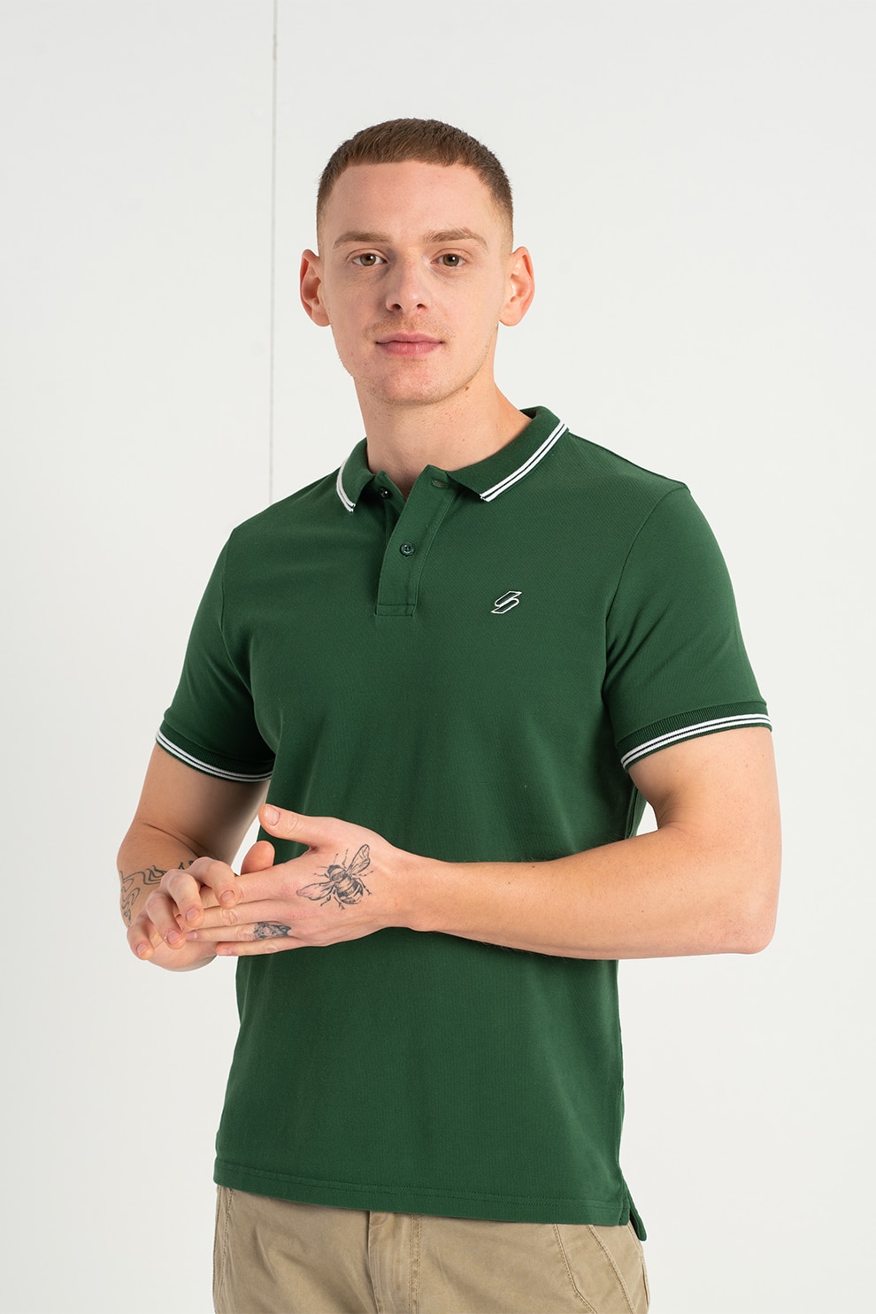 SUPERDRY, Tricou polo din material pique cu terminatii contrastante Code, Verde englez/alb